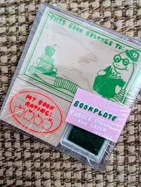 Bookplate Rubber Stamp Set with Green Ink Pad – Gift For Book Lovers Moms Kids